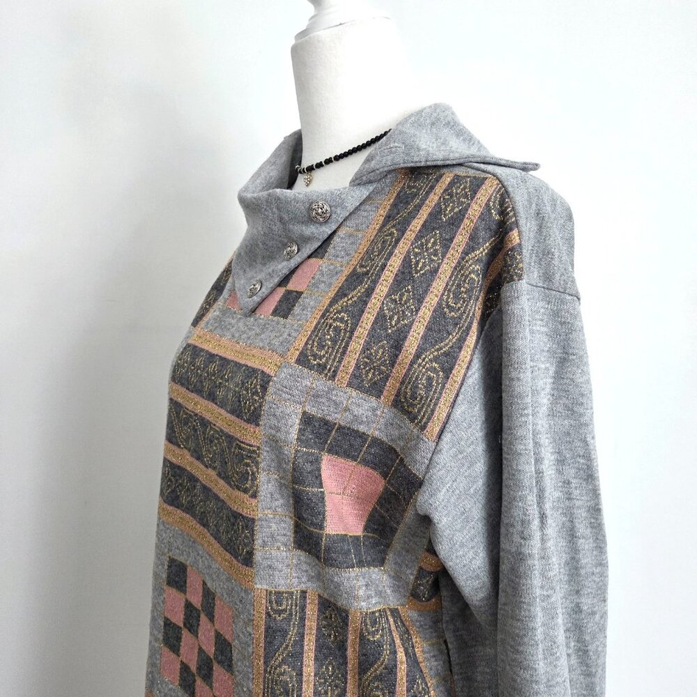 Vtg 90s Patchwork Asymmetrical Pullover Sweater Medium Blair Gray Multi Boho Art - Picture 4 of 11